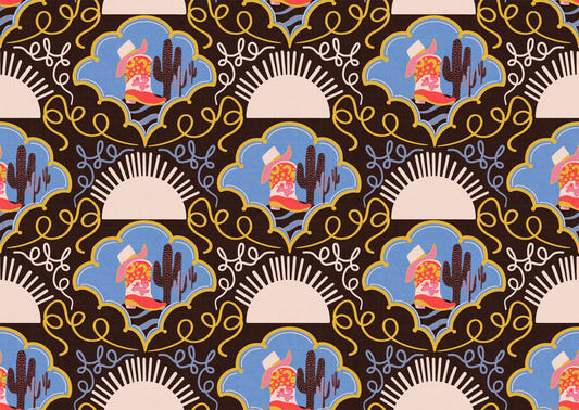 Wild West Whimsy – Red Boots & Cactus Wallpaper with Blue Sky & Sunset Tones on Rustic Brown for Western Playrooms & Bedrooms Wallpaper⁠