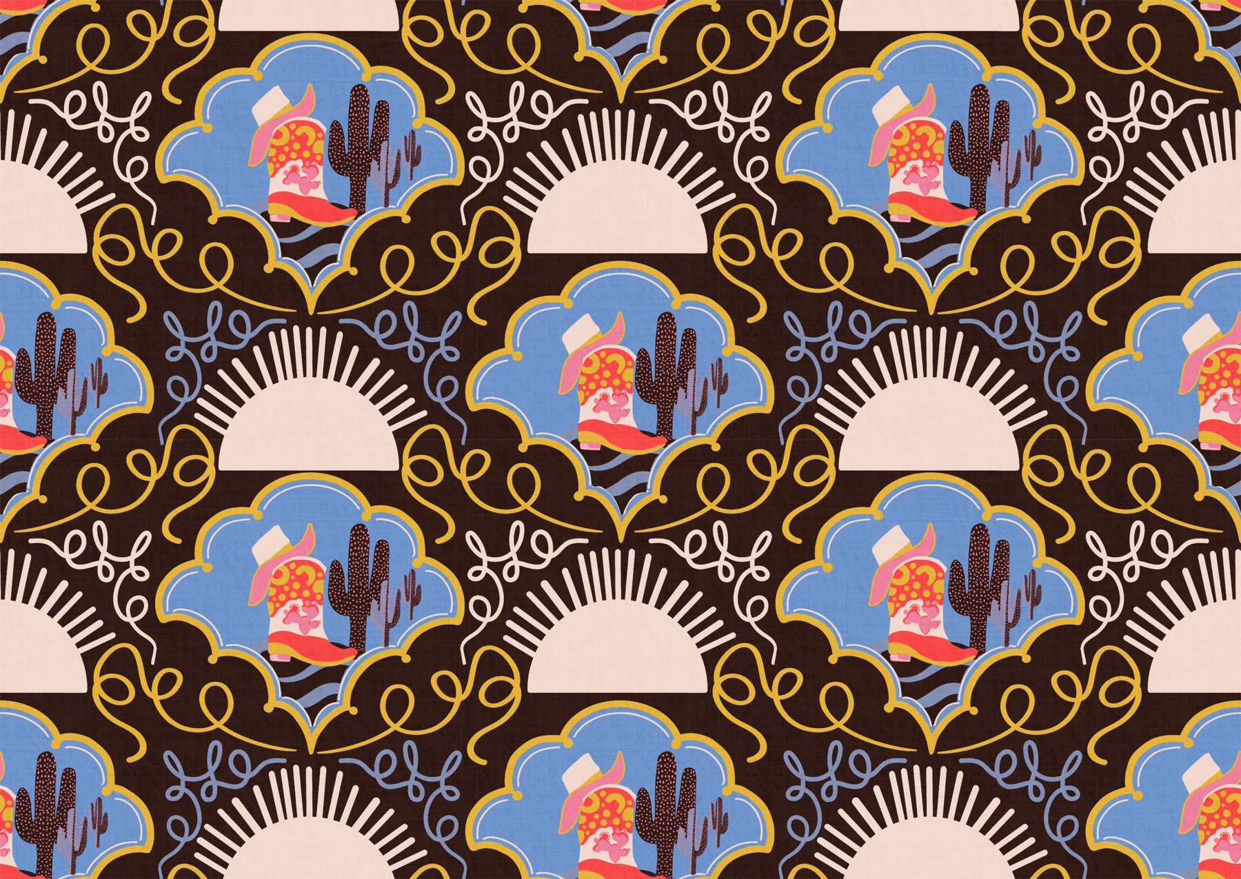 Wild West Whimsy – Red Boots & Cactus Wallpaper with Blue Sky & Sunset Tones on Rustic Brown for Western Playrooms & Bedrooms Wallpaper⁠