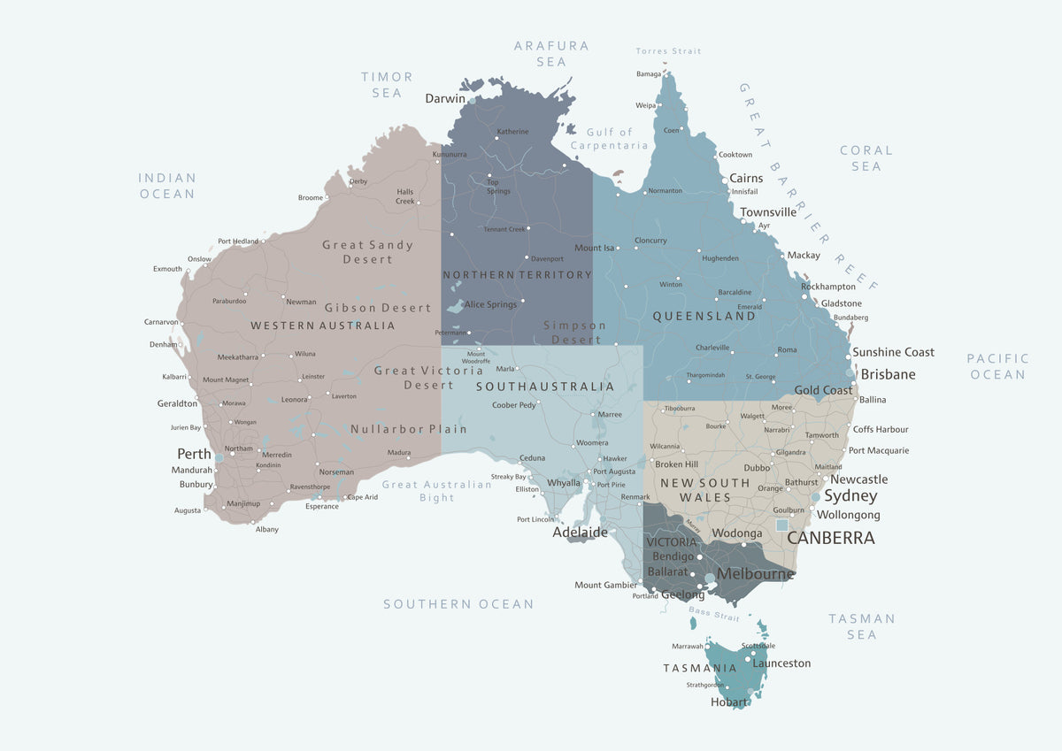 Australia Map Cities & Land Wall Mural
