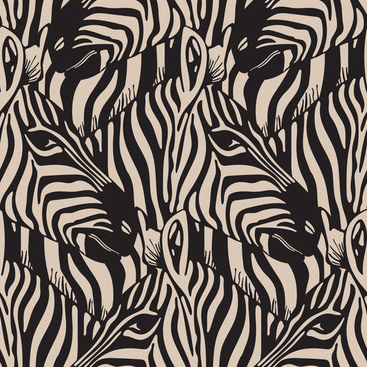 Zebra Herd Wild Animal Stripes Black Warm Beige Wallpaper⁠
