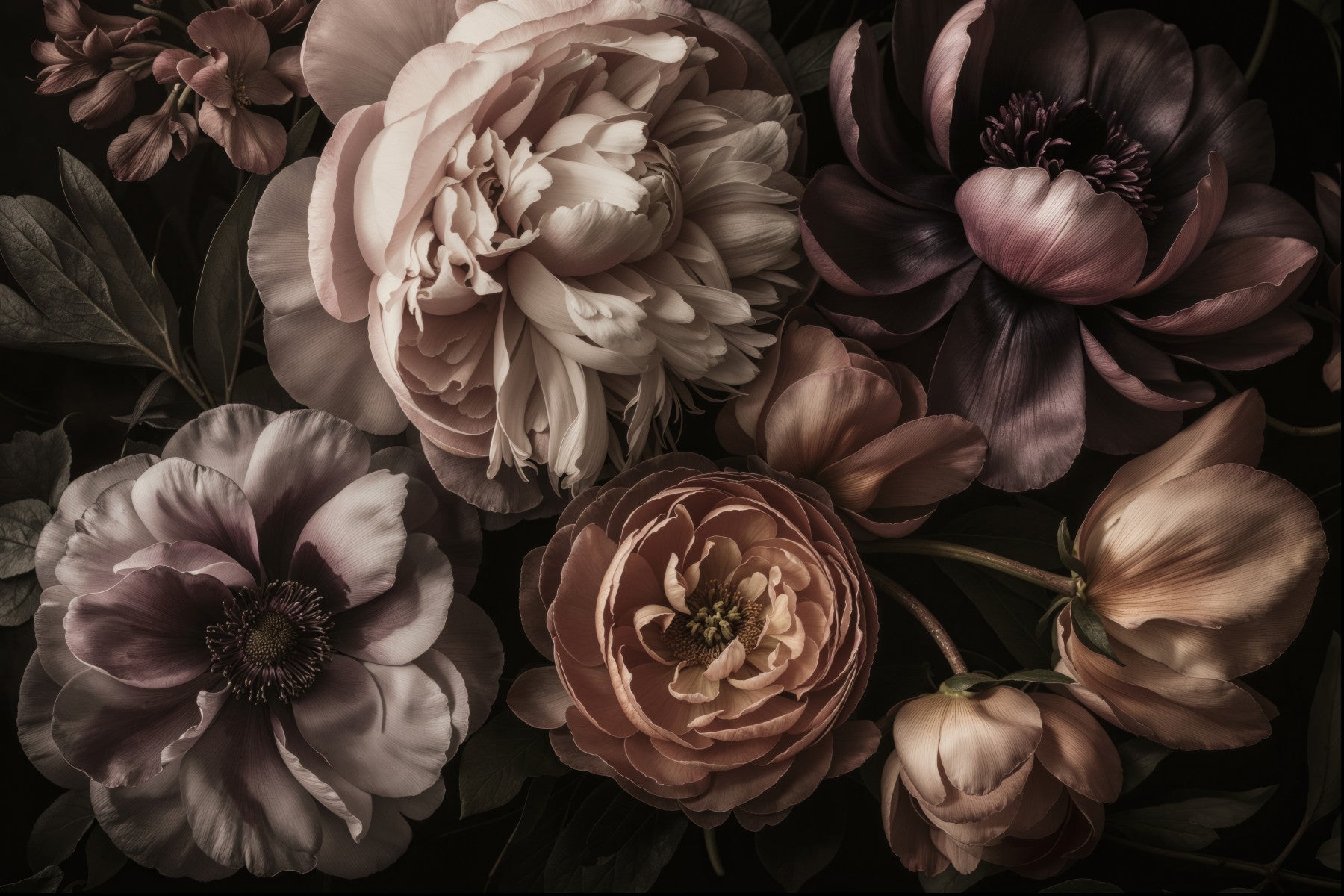 Dark Moody Baroque Blooms  Smoke Pink Peach Wall Mural
