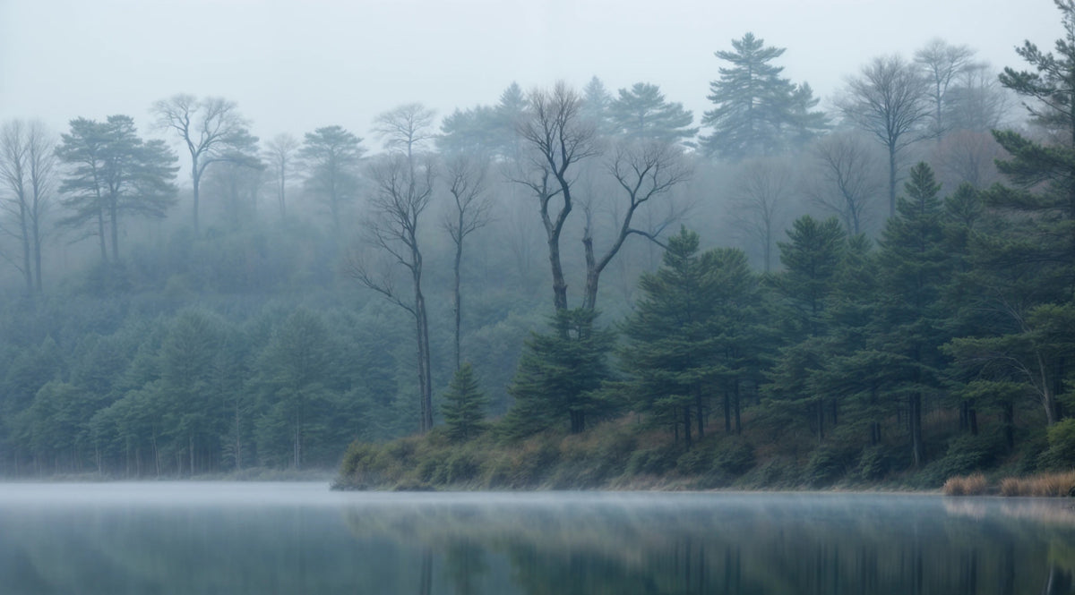 Misty Lake Forest Wall Mural in your room — zoomed