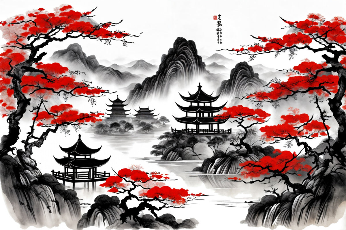 Red Bloom Pagoda Wall Mural in your room — zoomed