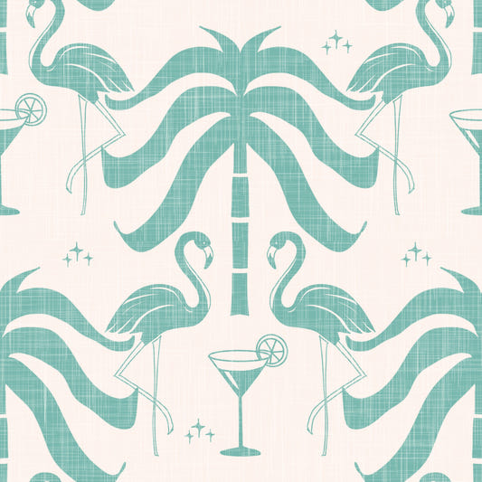 Tropical Palm Springs Flamingo Beige Teal Wallpaper⁠