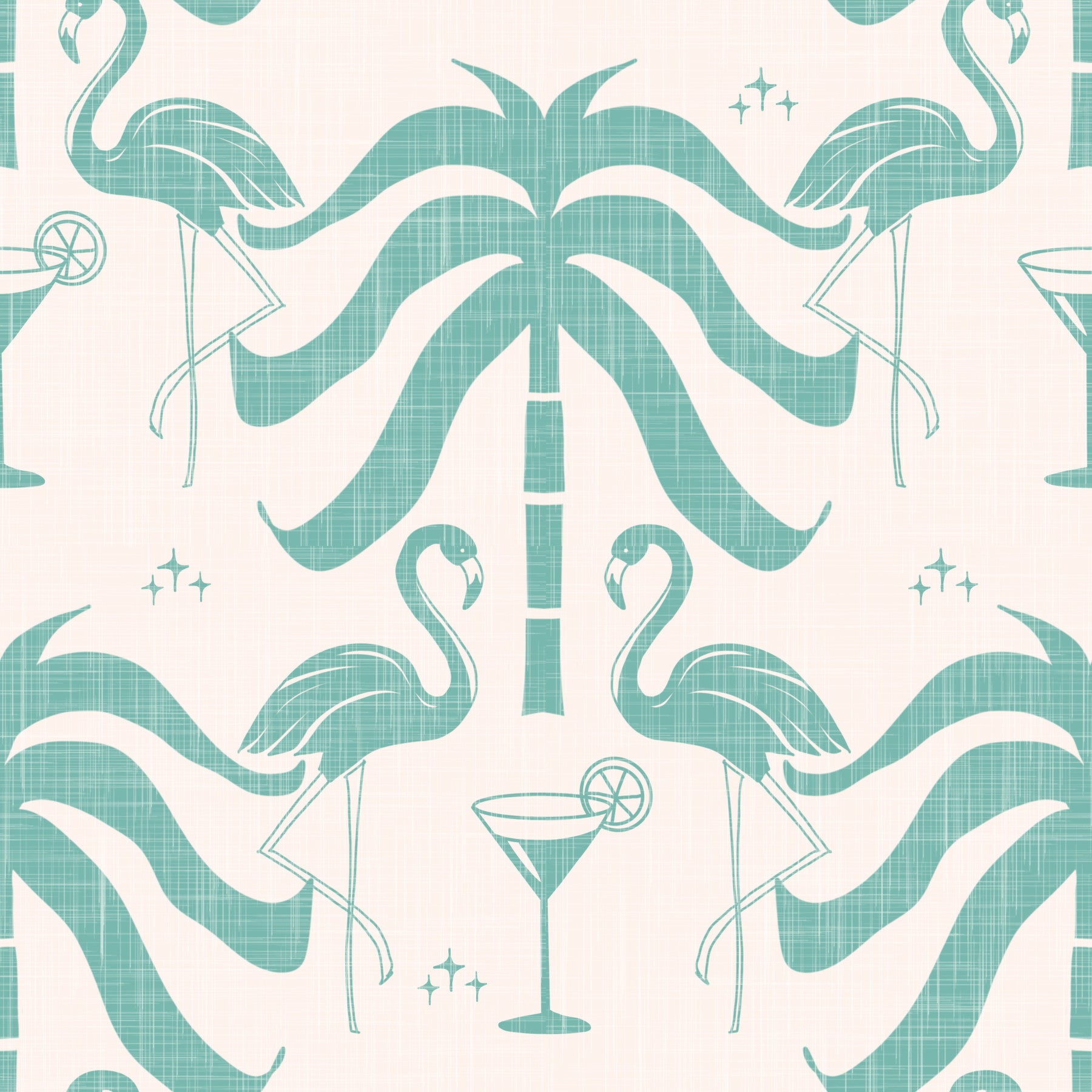 Tropical Palm Springs Flamingo Beige Teal Wallpaper⁠
