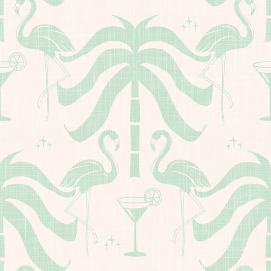Tropical Palm Springs Flamingo Beige Aqua Green Wallpaper⁠
