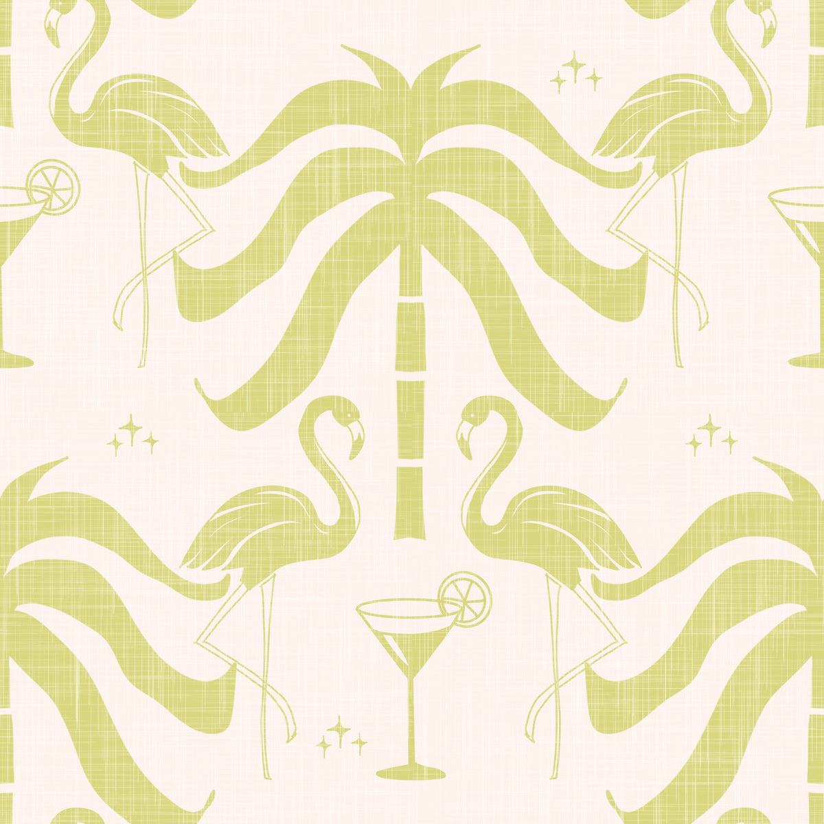 Tropical Palm Springs Flamingo Beige Avocado  Wallpaper⁠