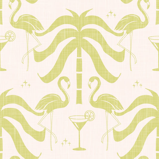 Tropical Palm Springs Flamingo Beige Avocado  Wallpaper⁠