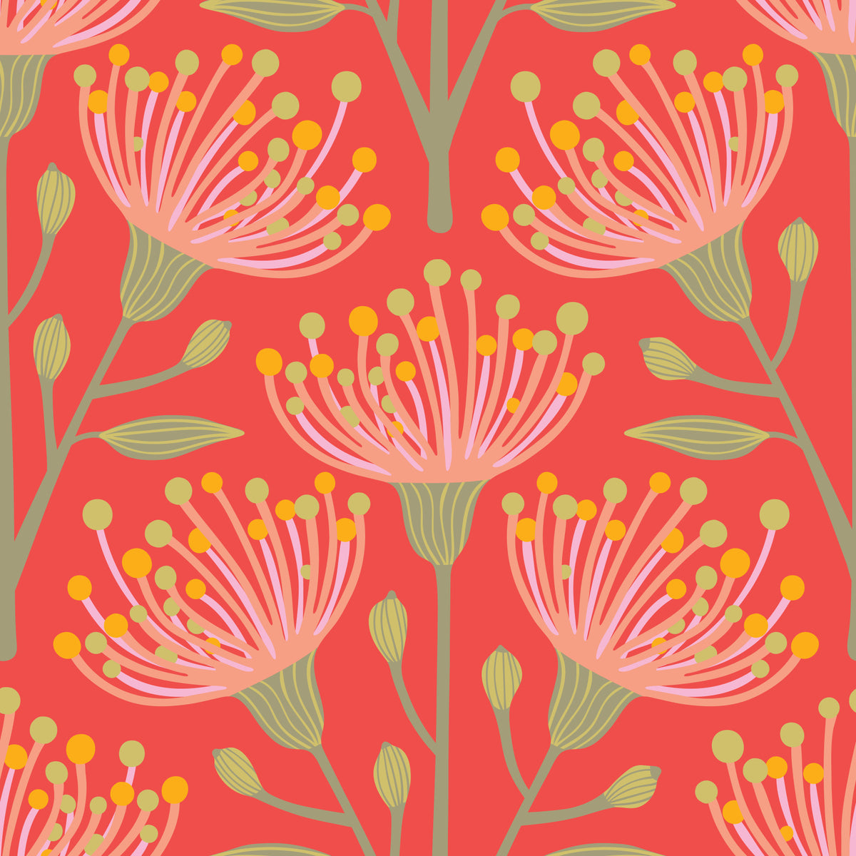 Eucalyptus Floral Botanical Yellow Green Pink Blush on Coral Orange Wallpaper⁠