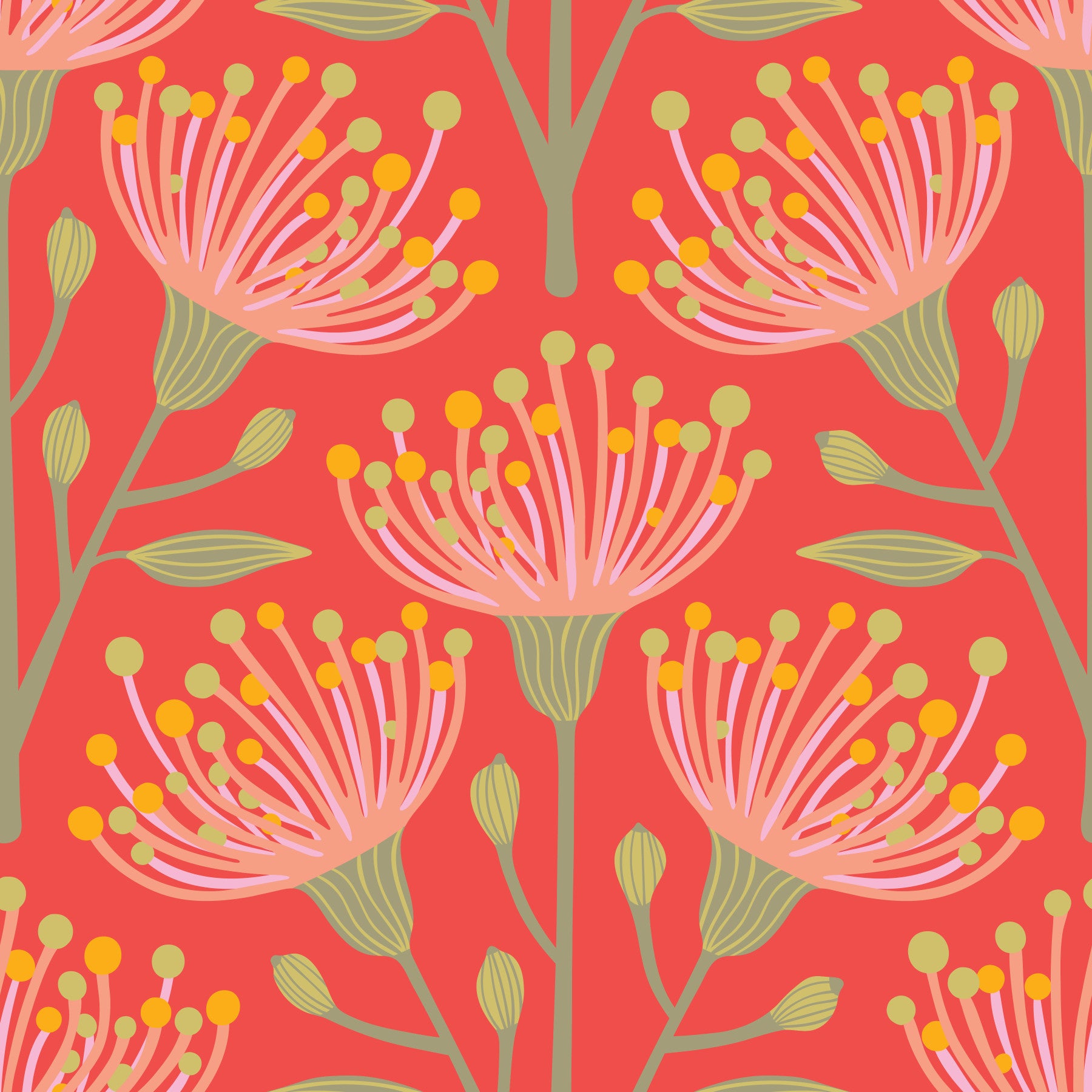 Eucalyptus Floral Botanical Yellow Green Pink Blush on Coral Orange Wallpaper⁠