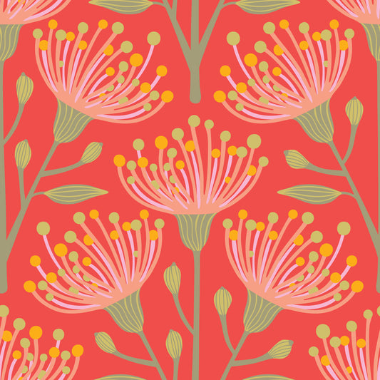 Eucalyptus Floral Botanical Yellow Green Pink Blush on Coral Orange Wallpaper⁠