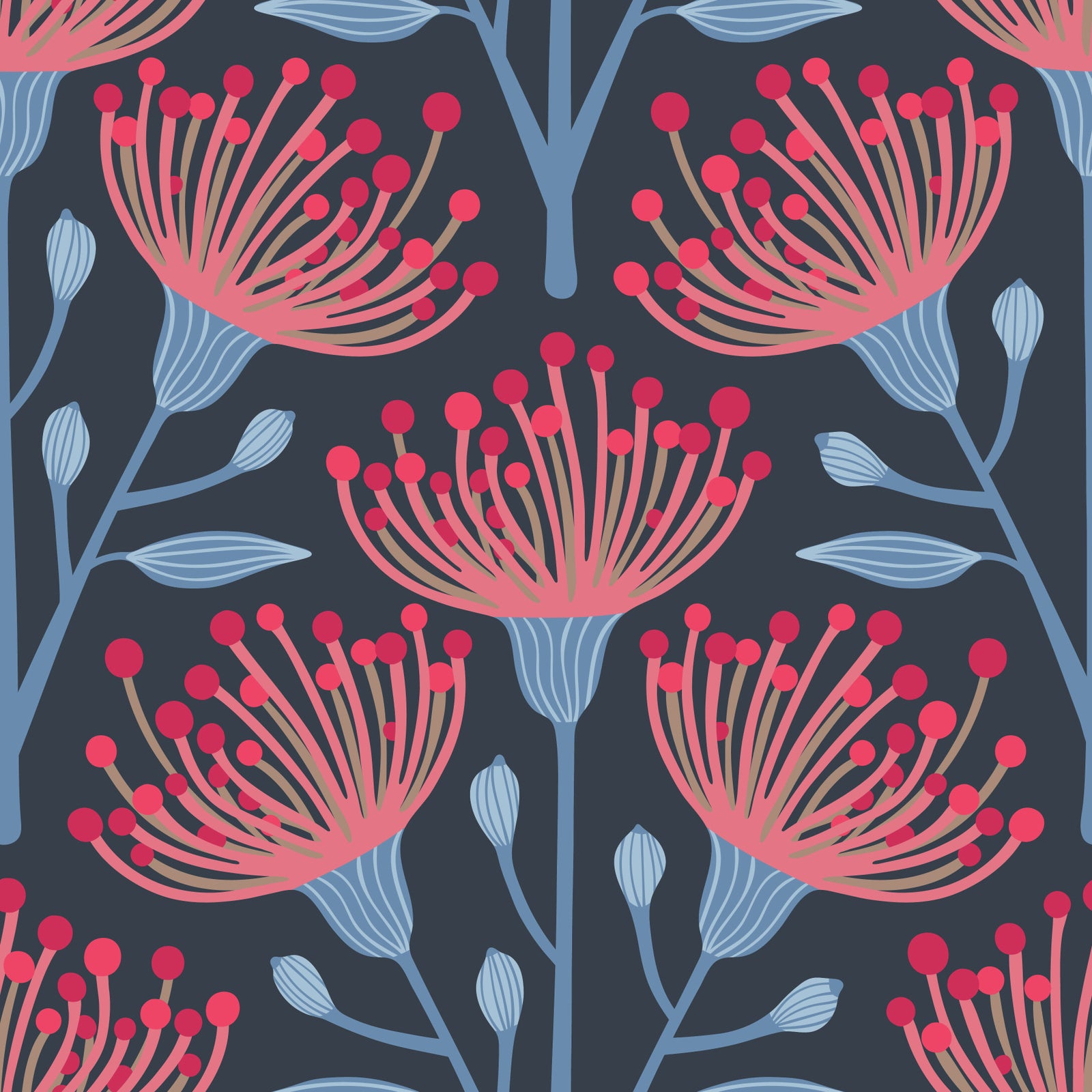 Eucalyptus Floral Botanical Red Pink Light Blue on Navy Blue Wallpaper⁠
