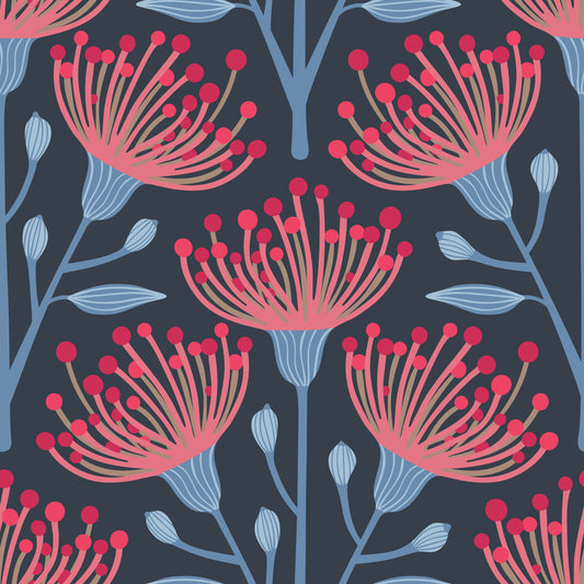 Eucalyptus Floral Botanical Red Pink Light Blue on Navy Blue Wallpaper⁠