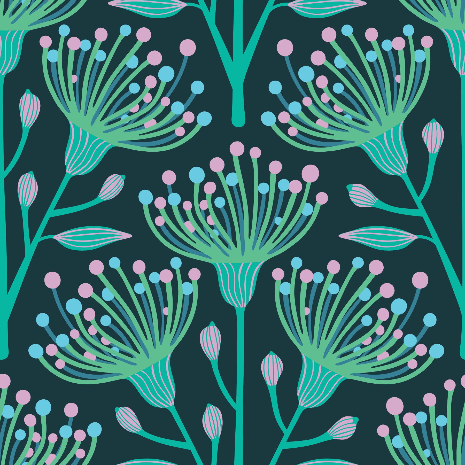 Eucalyptus Floral Botanical Aqua Turquoise Pink on Dark Teal Wallpaper⁠