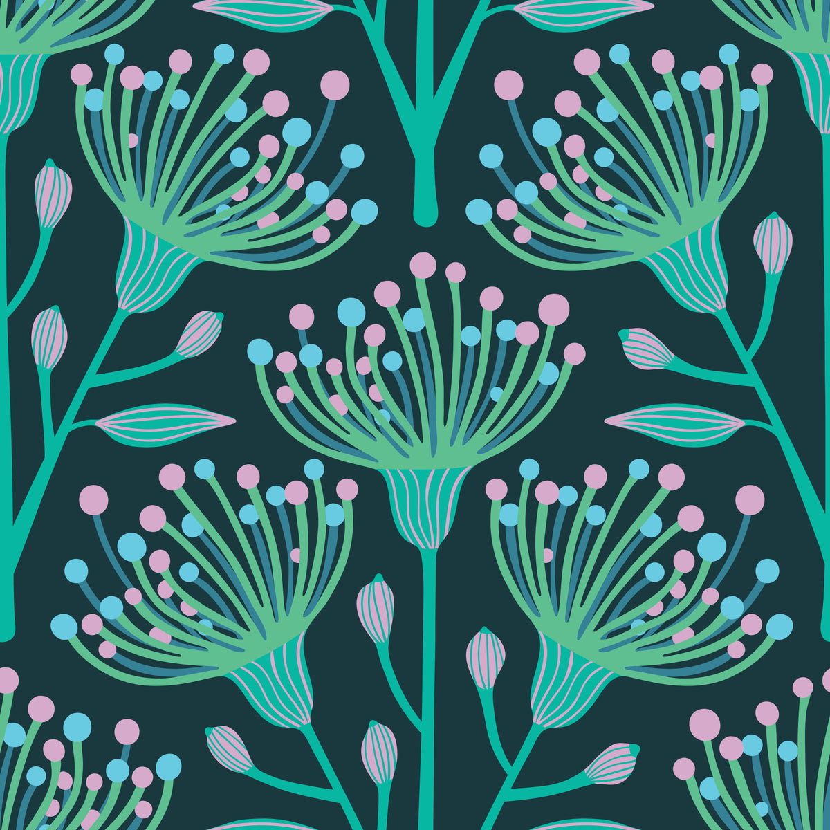 Eucalyptus Floral Botanical Aqua Turquoise Pink on Dark Teal Wallpaper⁠ in your room — zoomed