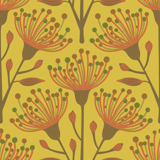 Eucalyptus Floral Botanical Earthy Brown Olive Green on Mustard Yellow Wallpaper⁠