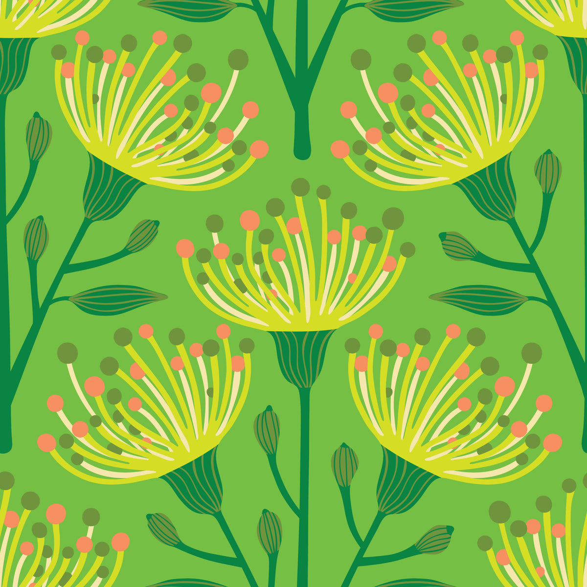 Eucalyptus Floral Botanical Dark Green Yellow Orange on Lime Green Wallpaper⁠