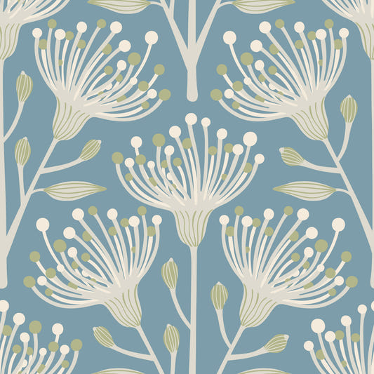 Eucalyptus Floral Botanical Cottagecore Pastel Green White on Pastel Blue Wallpaper⁠