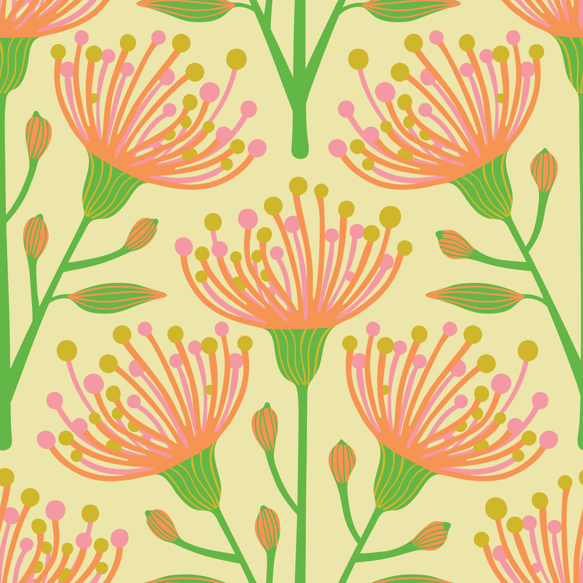 Eucalyptus Floral Botanical Summer Orange Pink Green on Creamy Yellow Wallpaper⁠