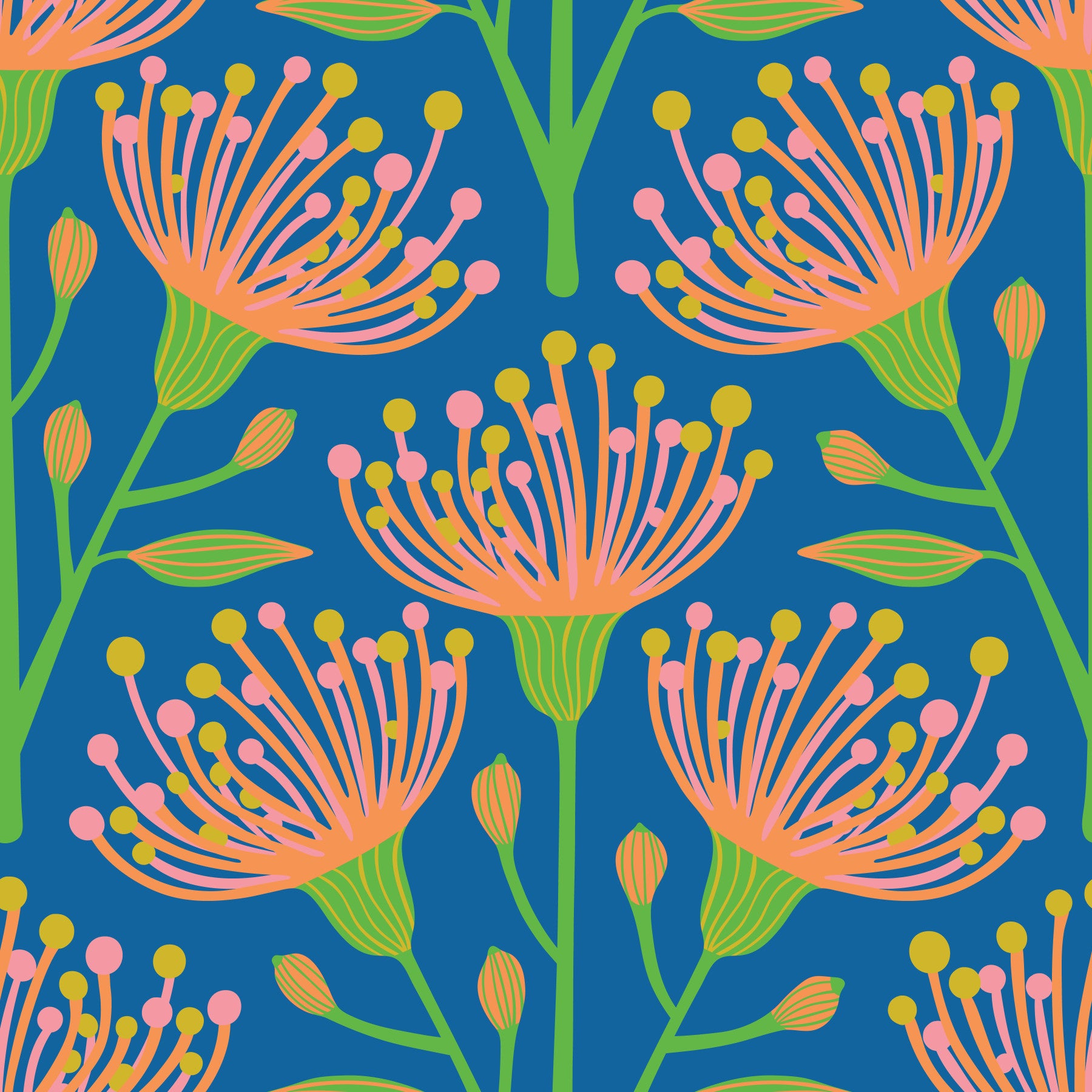 Eucalyptus Floral Botanical Summer Orange Pink Green on Royal Blue Wallpaper⁠
