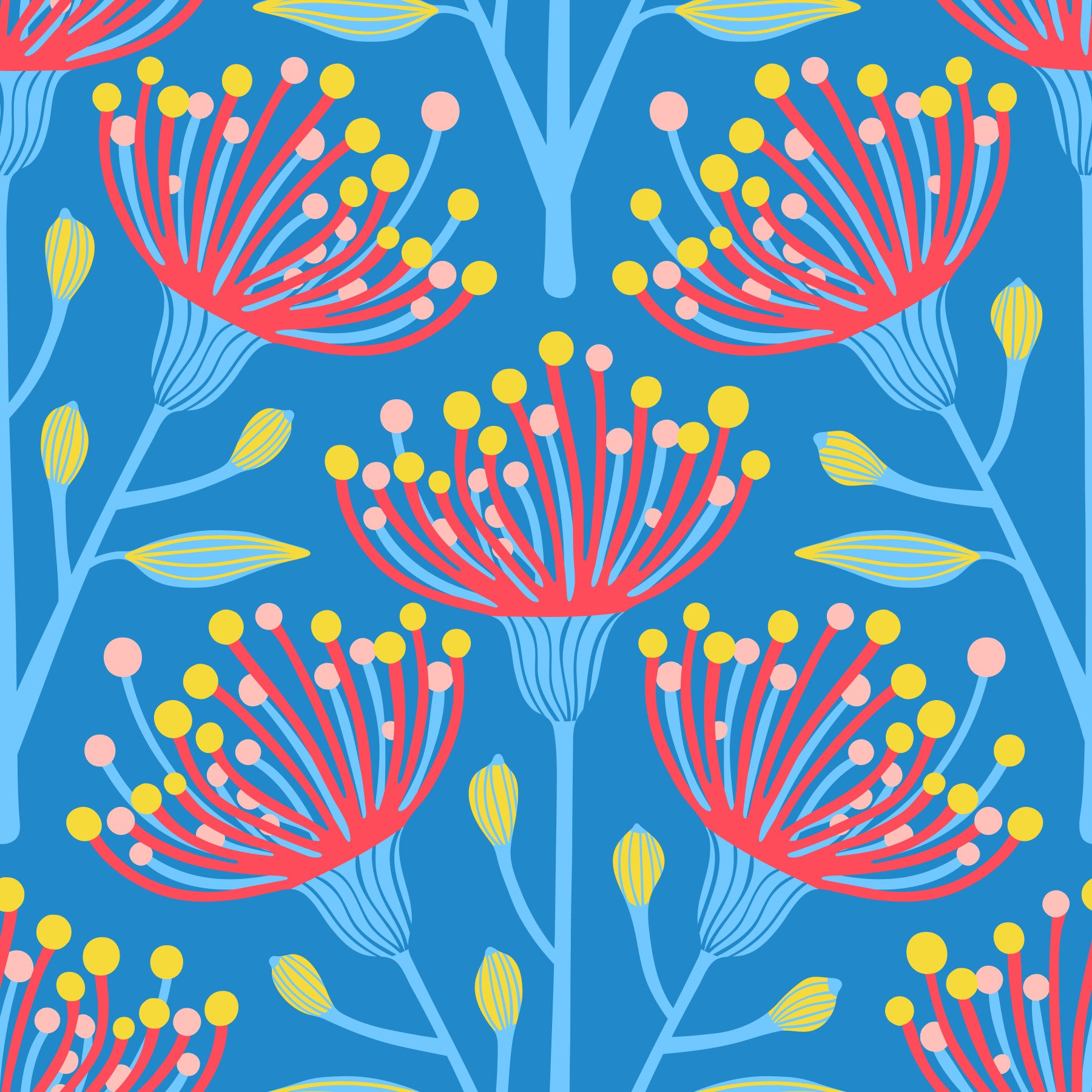 Eucalyptus Floral Botanical Icy Blue Red Yellow Pink on Bright Blue Wallpaper⁠