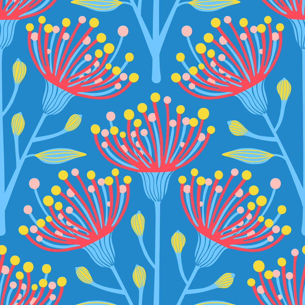 Eucalyptus Floral Botanical Icy Blue Red Yellow Pink on Bright Blue Wallpaper⁠ in your room — zoomed