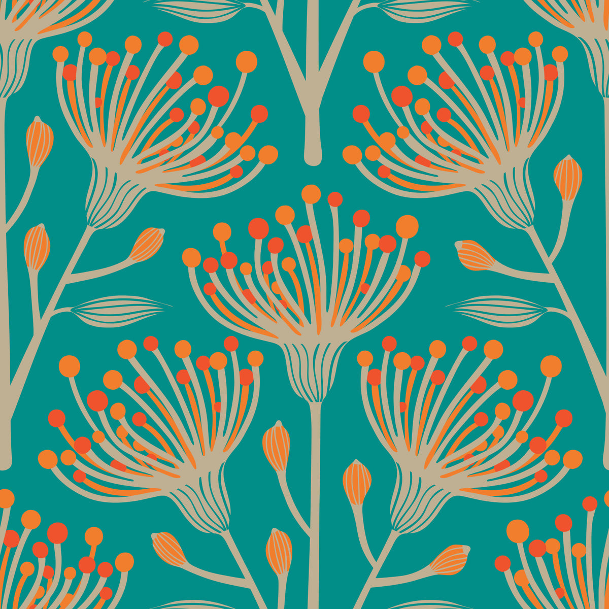 Eucalyptus Floral Botanical Orange Sand on Turquoise Wallpaper⁠ in your room — zoomed