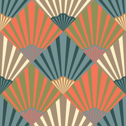 Sunrise Art Deco Vintage Abstract Geometric Elegant Navy Blue Orange Green Beige Cream Wallpaper⁠