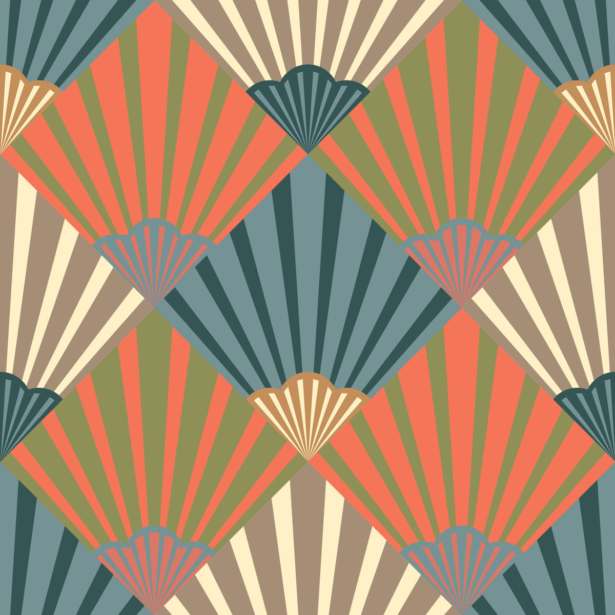 Sunrise Art Deco Vintage Abstract Geometric Elegant Navy Blue Orange Green Beige Cream Wallpaper⁠