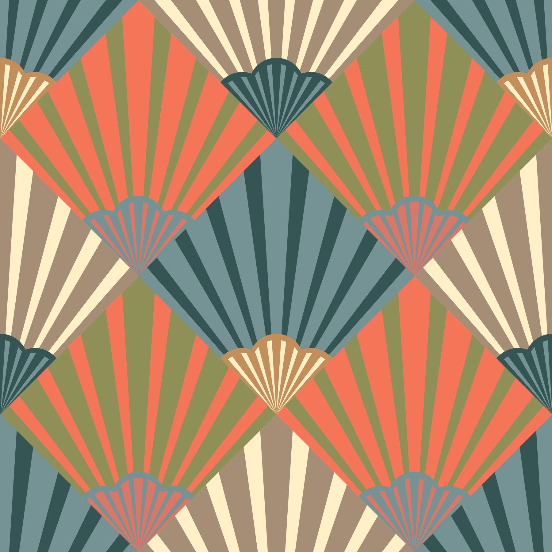 Sunrise Art Deco Vintage Abstract Geometric Elegant Navy Blue Orange Green Beige Cream Wallpaper⁠