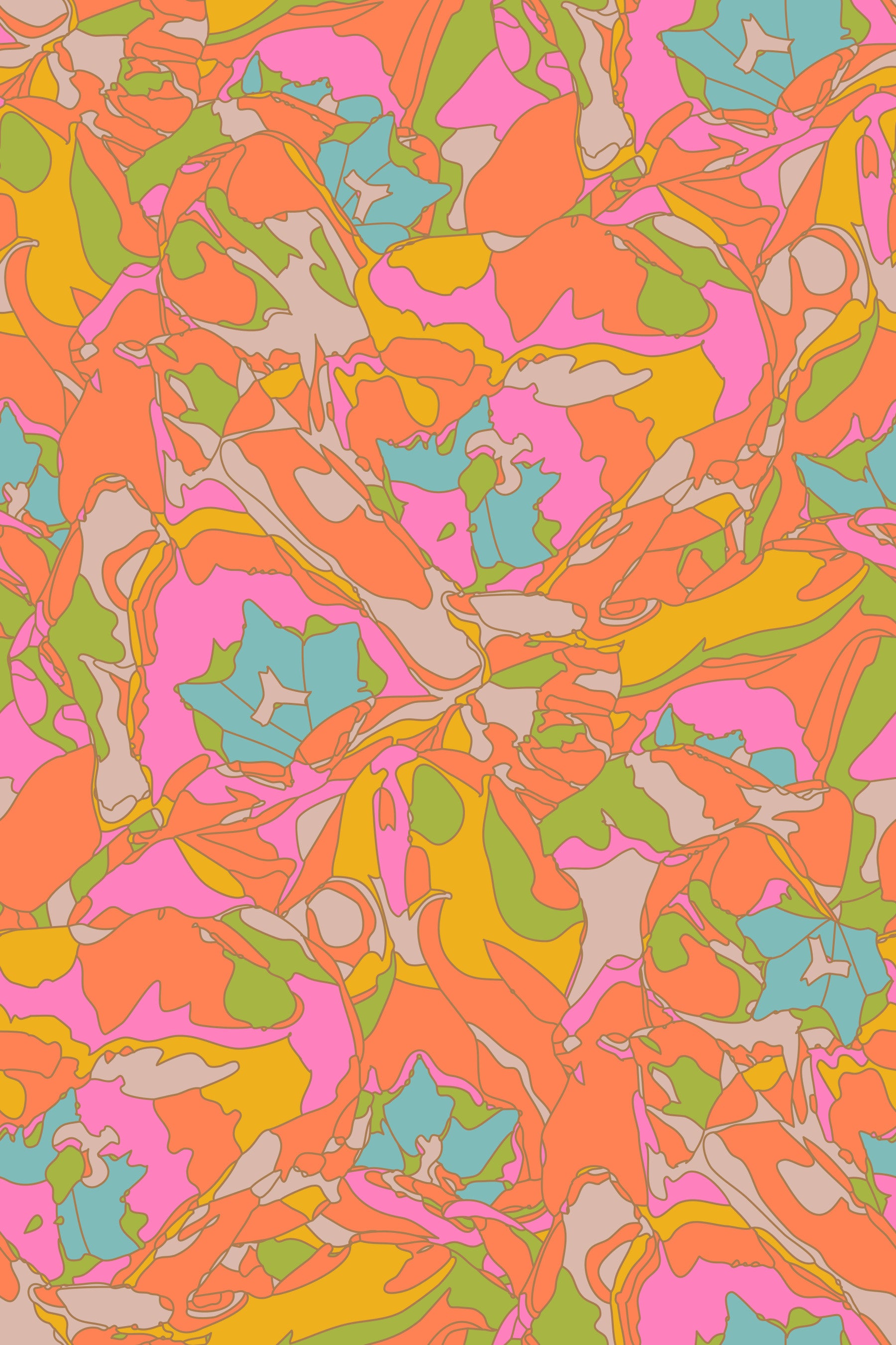 Tulip Dreams Abstract Retro Floral 1970s Vintage Orange Pink Blue Yellow Wallpaper⁠