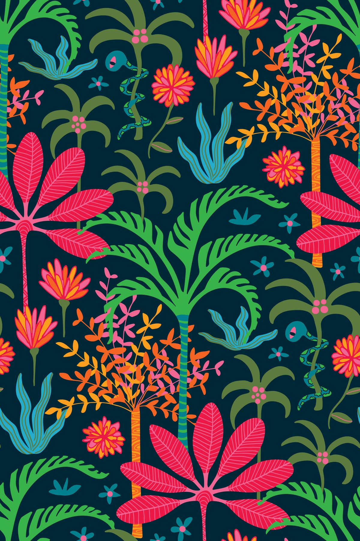 Dream Tropical Jungle Paradise Floral Botanical Palm Trees Bright Rainbow Colors Wallpaper⁠