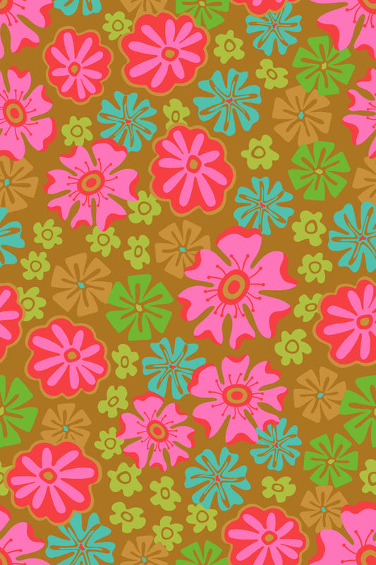 Lush Tropical Big Bloom Floral Bright Pink Red Green Blue Brown Wallpaper⁠