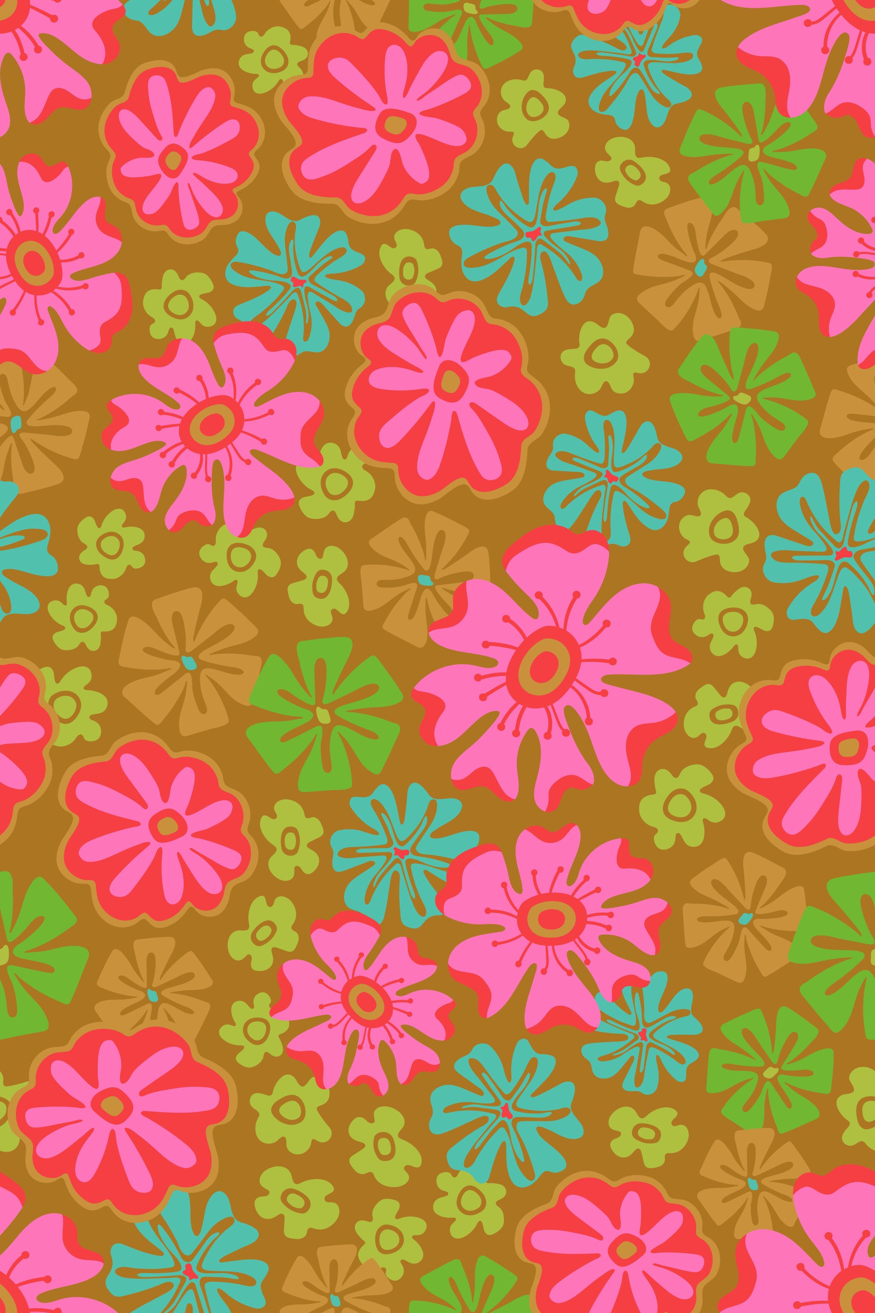 Lush Tropical Big Bloom Floral Bright Pink Red Green Blue Brown Wallpaper⁠