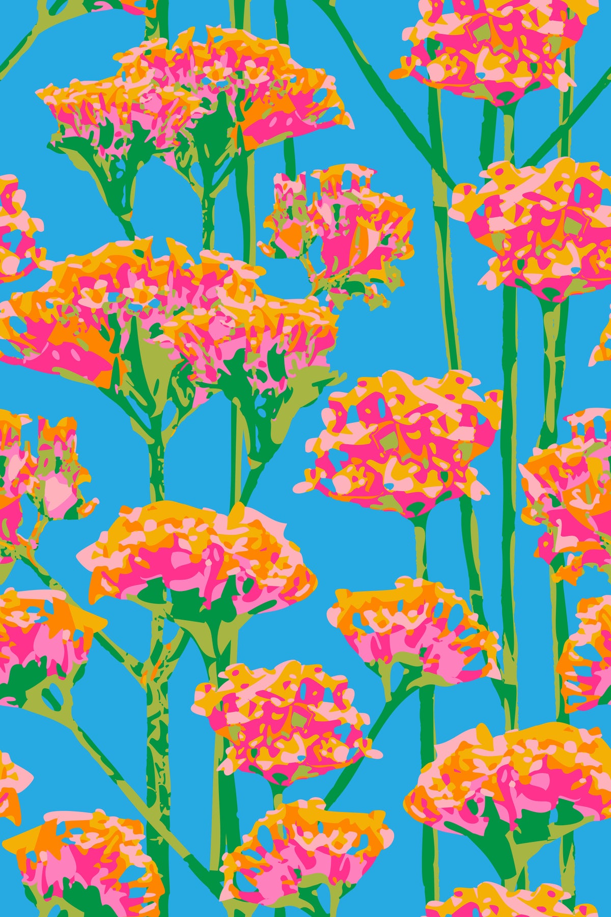 Sunshiney Abstract Floral Summer Bright Botanical Pink Orange Green Sky Blue Wallpaper⁠