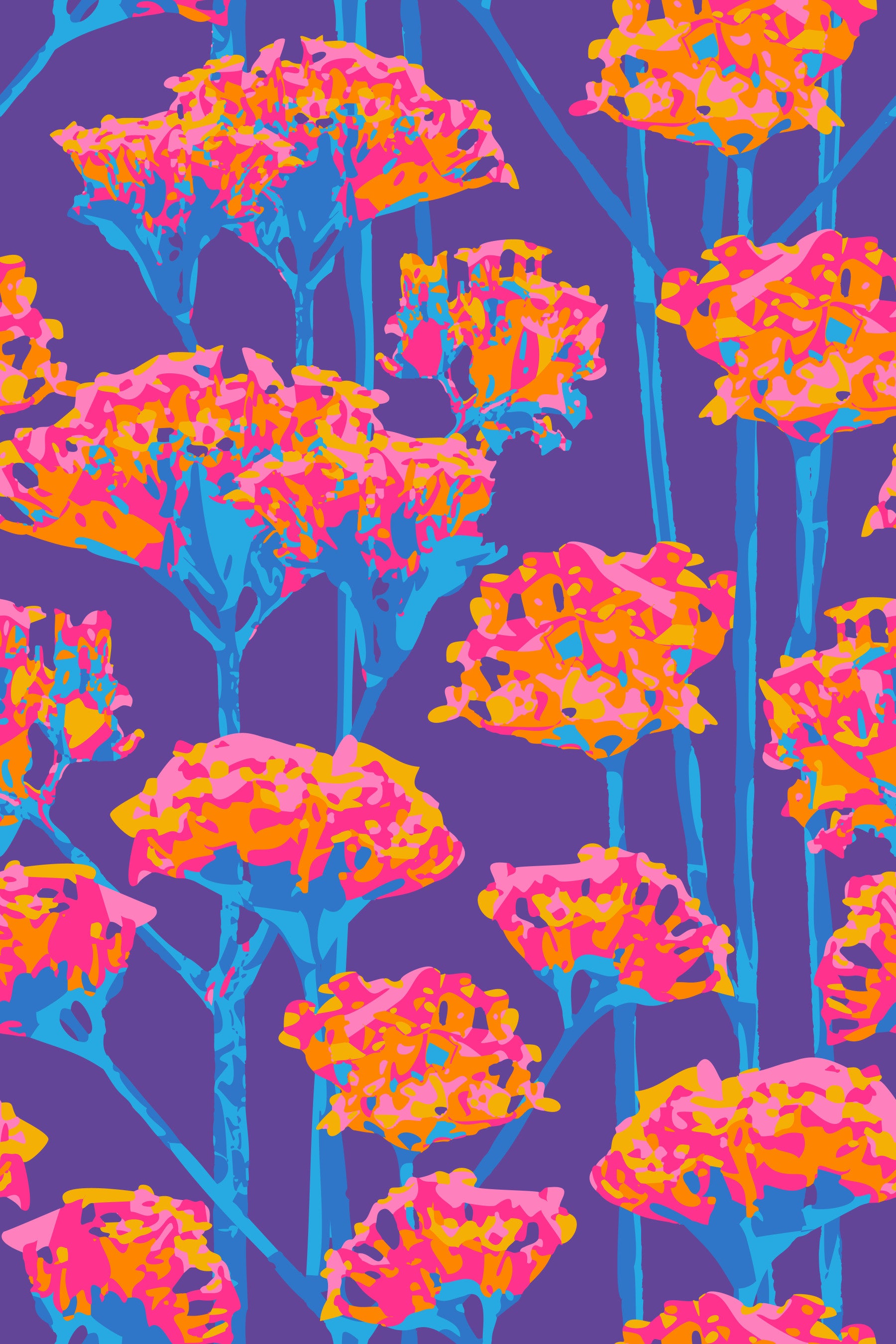 Sunshiney Abstract Floral Summer Bright Botanical Pink Orange Blue Purple Wallpaper⁠
