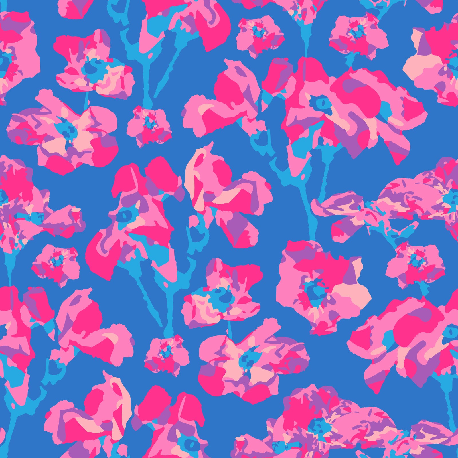 Wild Roses Abstract Floral Summer Bright Rose Garden Fuchsia Pink Blue Wallpaper⁠