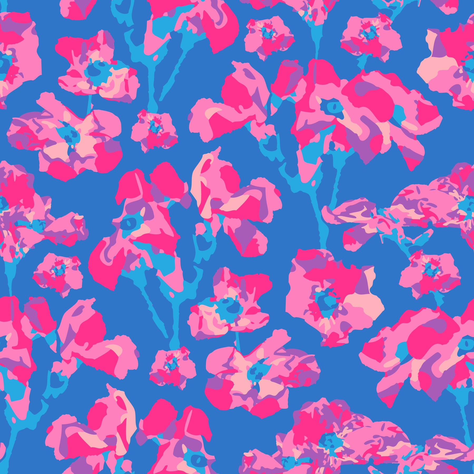 Wild Roses Abstract Floral Summer Bright Rose Garden Fuchsia Pink Blue Wallpaper⁠
