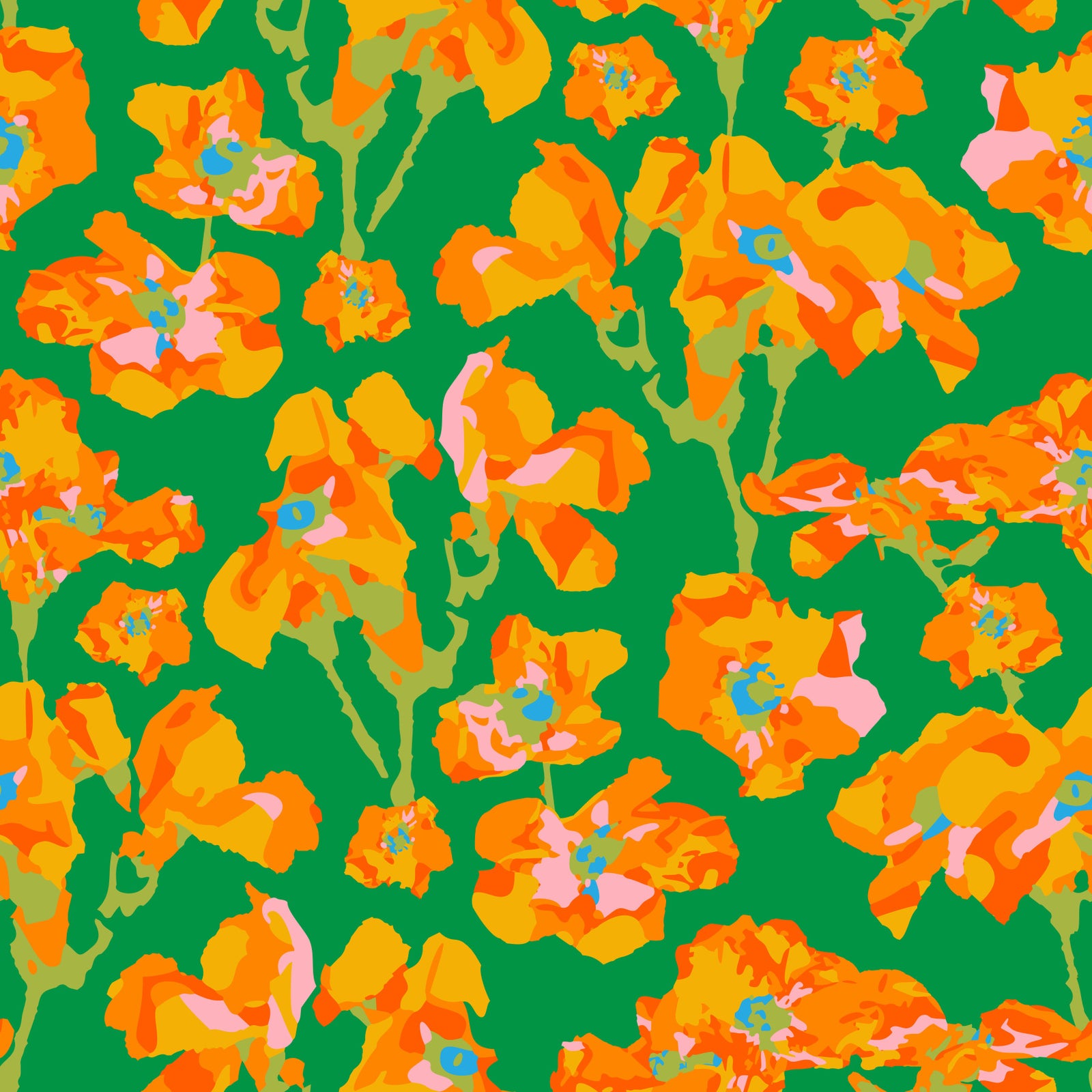 Wild Roses Abstract Floral Summer Bright Rose Garden Yellow Orange Blush Kelly Green Wallpaper⁠