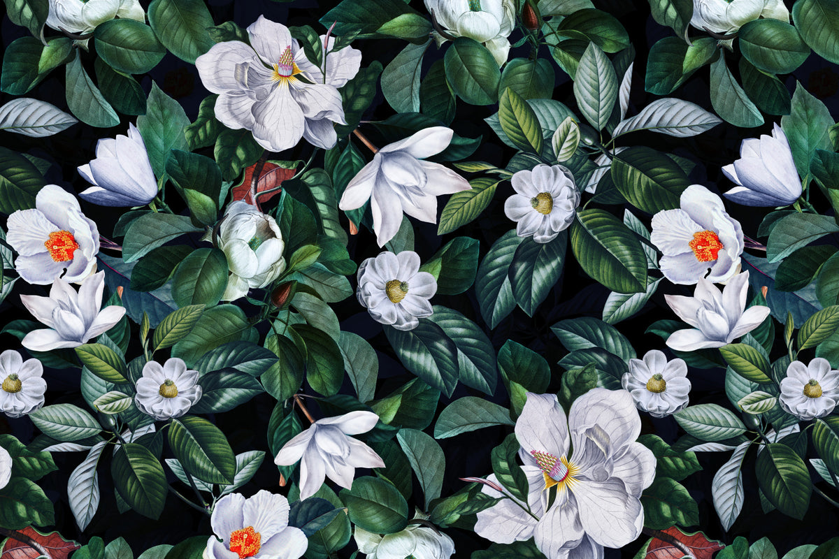 Vintage Midnight Magnolia Flower Garden  Wall Mural