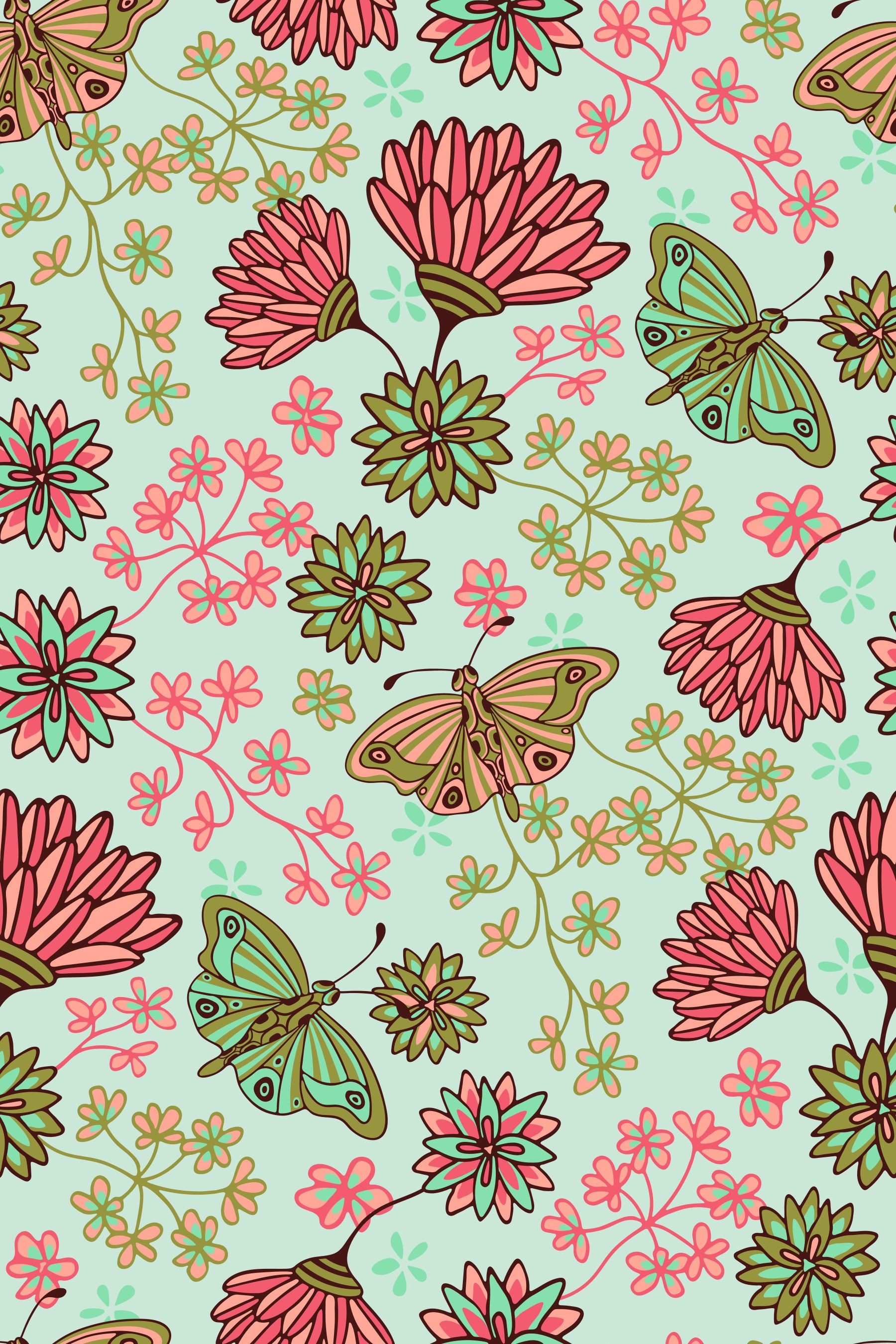 Summer Breeze Butterfly Floral Cottagecore Pink Green Wallpaper⁠