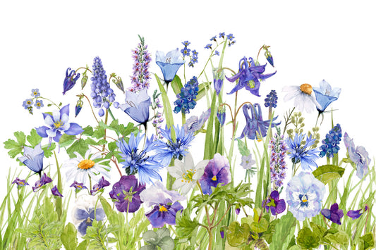 Blue Watercolor Wildflower Meadow  Wall Mural