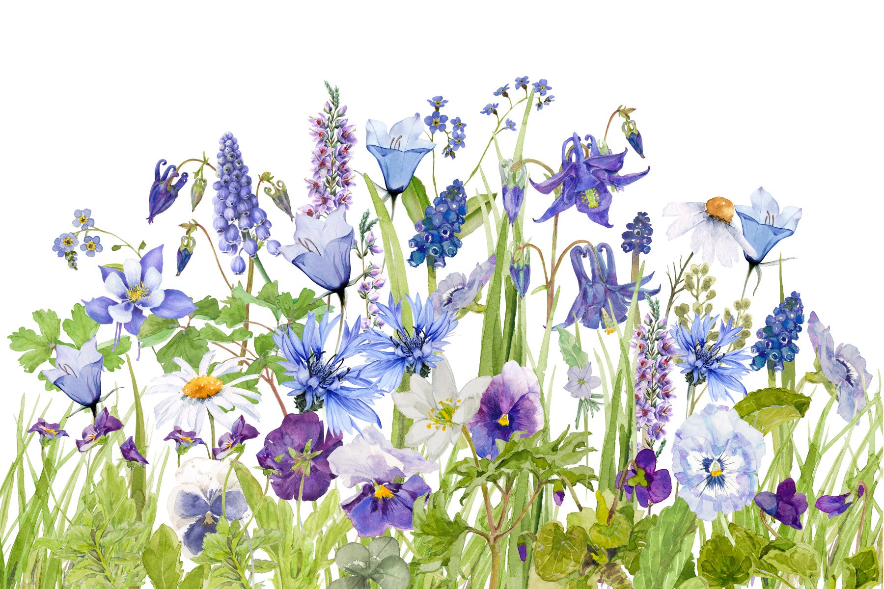 Blue Watercolor Wildflower Meadow  Wall Mural