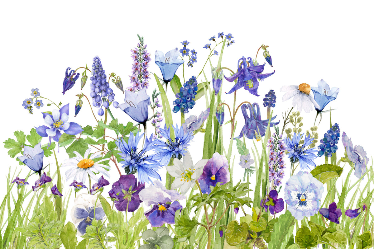 Blue Watercolor Wildflower Meadow  Wall Mural in your room — zoomed