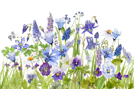 Blue Watercolor Wildflower Meadow  Wall Mural