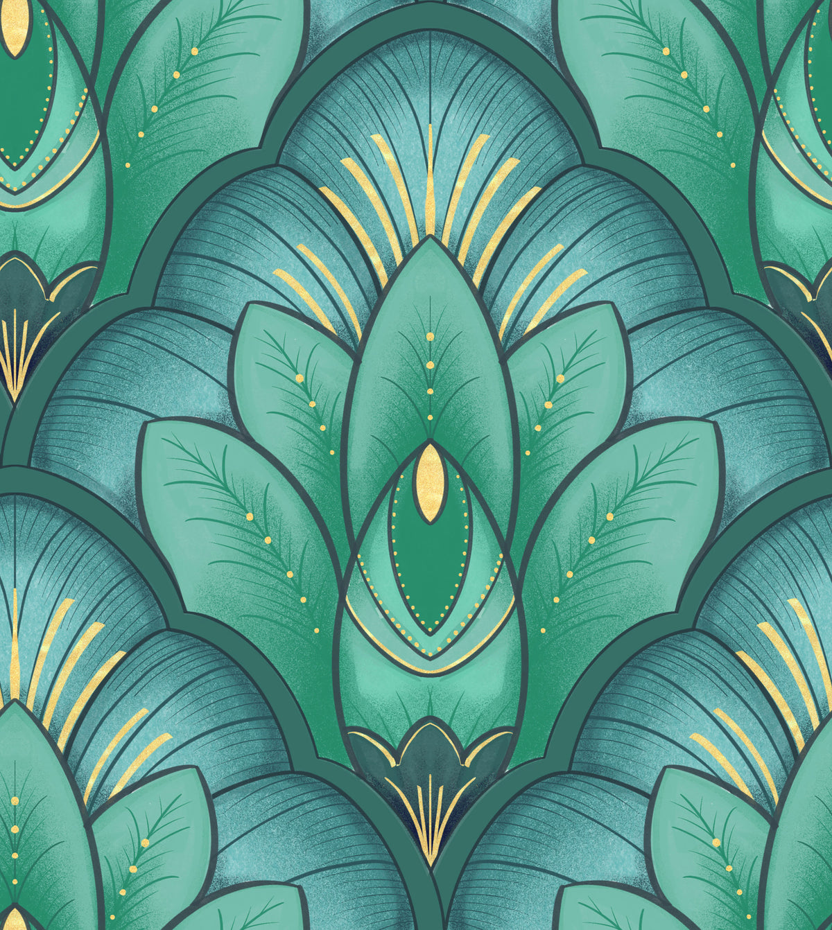 Art Deco Emerald Lotus Wallpaper⁠ in your room — zoomed