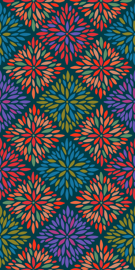 Dahlia Diamonds Bohemian Floral Damask Tiles Bright Jewel Tones on Dark Teal  Wallpaper⁠