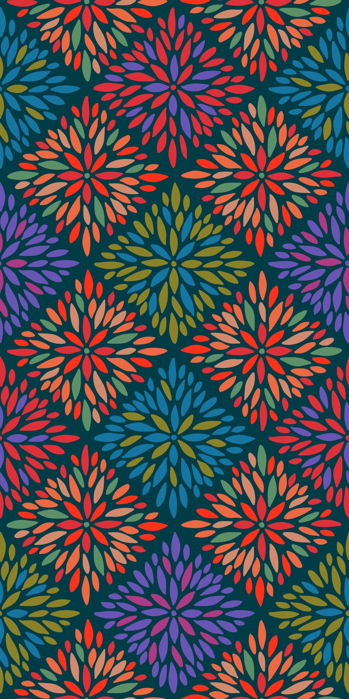 Dahlia Diamonds Bohemian Floral Damask Tiles Bright Jewel Tones on Dark Teal  Wallpaper⁠