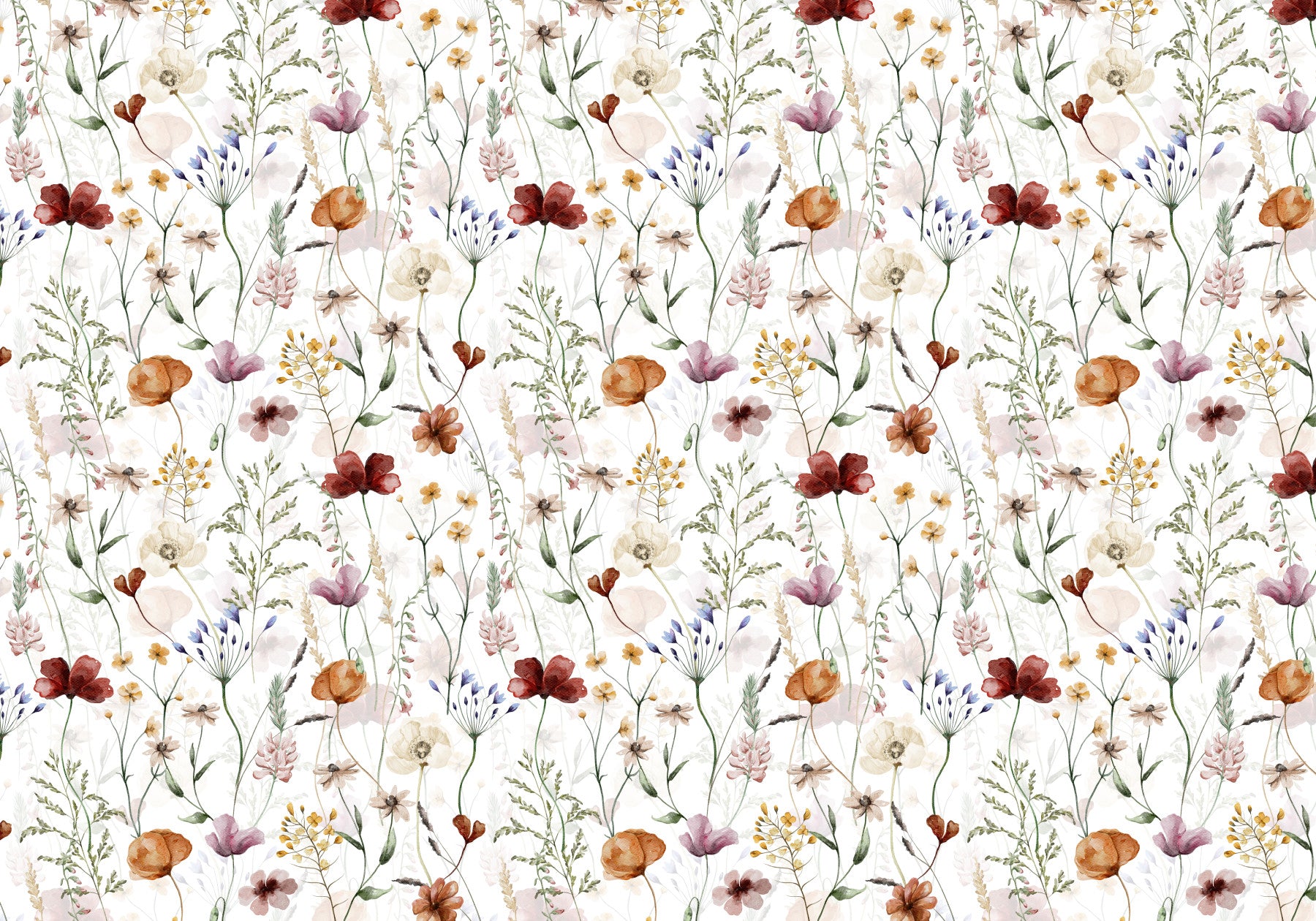 Scandinavian Wildflowers Watercolor Meadow for Kidsroom Wall Mural