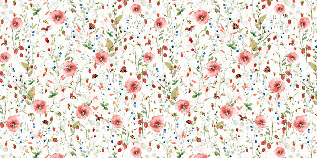 Scandinavian Watercolor Poppies Strawberries and Wild Berries Wall Mural in your room — zoomed